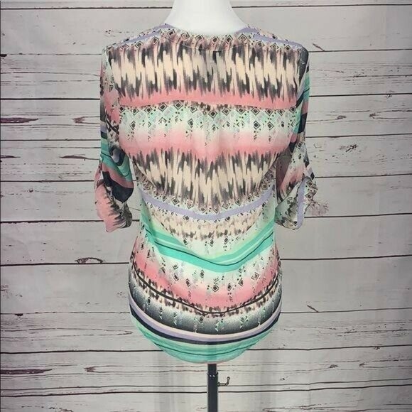 About A Girl Los Angeles Sheer Aztec Southwest Print Blouse Size Small - Picture 3 of 4